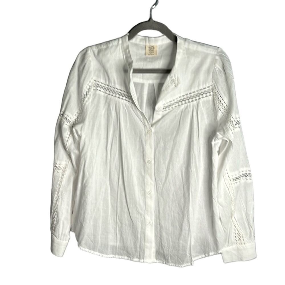 Good Hart White Semi Sheer Button Down Long Sleeve Shirt Crochet Detail M